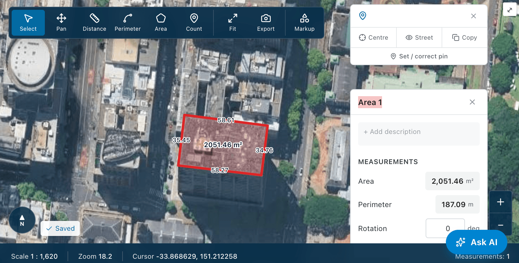 An area measured on aerial imagery with side lengths, area and perimeter
