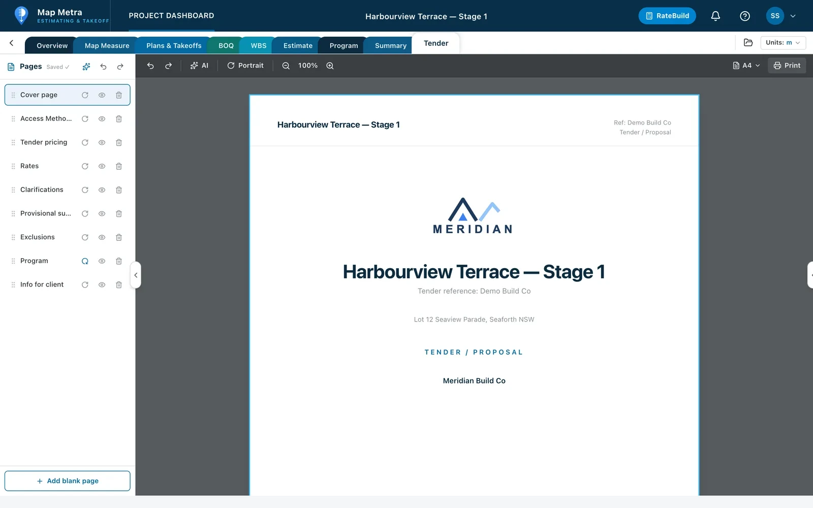 A tender document builder with cover page and section list